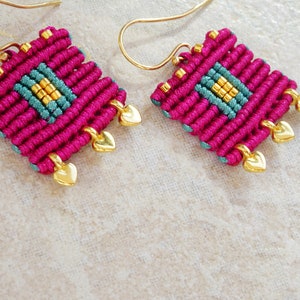 Magenta bohemian square earrings made with little gold plated hearts Pink green and gold macrame earrings with gold miyuki seeds image 3