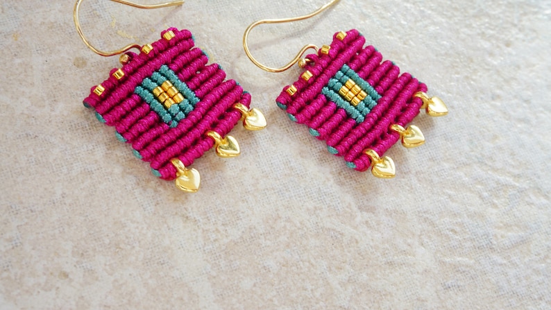 Magenta bohemian square earrings made with little gold plated hearts Pink green and gold macrame earrings with gold miyuki seeds image 3