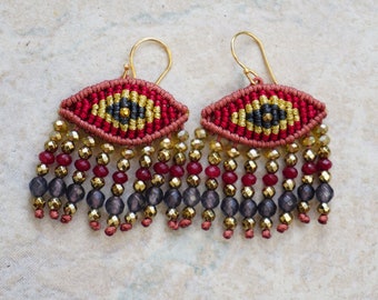 Red evil eye earrings - boho lucky charm earrings for protection made with jade and gold hematite