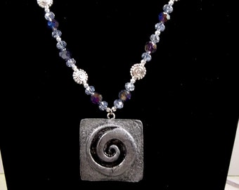 Handmade Spiral Polymer Clay & Glass Crystal Beaded Necklace