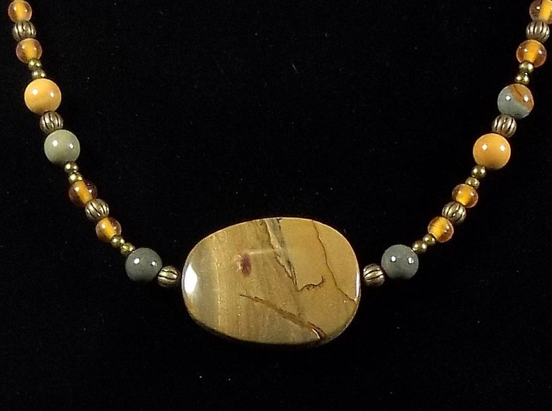 Handmade Wildhorse Jasper Glass /& Bronze Oxide Beaded Necklace
