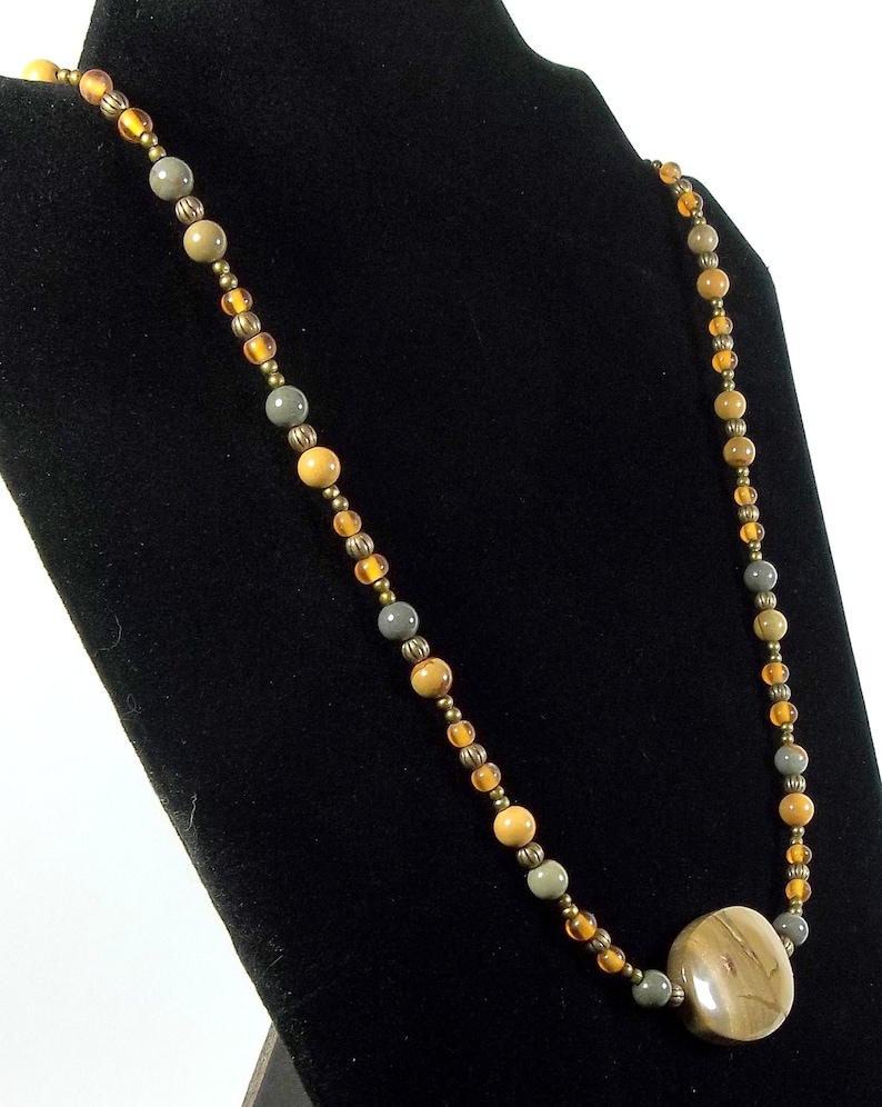 Handmade Wildhorse Jasper Glass /& Bronze Oxide Beaded Necklace