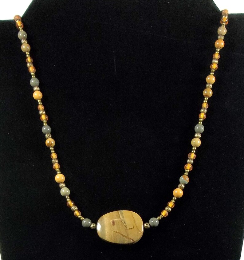 Handmade Wildhorse Jasper Glass /& Bronze Oxide Beaded Necklace
