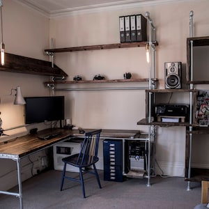 Reclaimed Scaffolding and Pipe Workstation - Bespoke Desk and Shelving with Wired in Lighting.