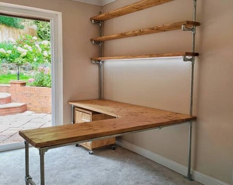 Bespoke Home Office - Corner Desk with Shelves and Optional Cupboard made from reclaimed scaffolding. With LED lighting build in.