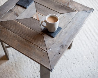 Reclaimed Wood Square Coffee or Lamp Table. Hand Made Rustic  Square Pattern Design