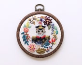 3'' Floral Framed embroidered admiral cat hoop art