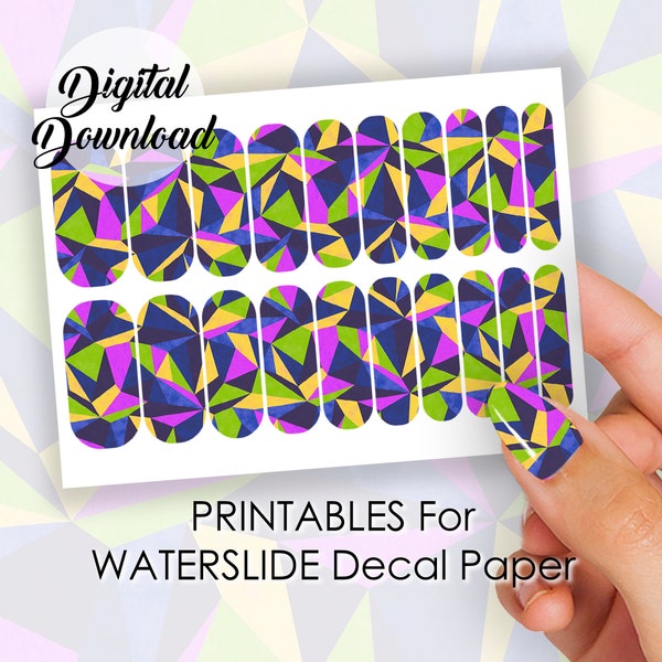 Colorful Geometric Nail Decals | Bright Kaleidoscope Pattern Nail Art | DIGITAL DOWNLOAD | PRINTABLE Wrap Sticker for Waterslide Decal Paper