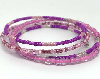 Pink Purple Glass Beads Bracelet - Wrap Cuff Bracelet