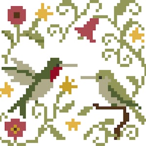 May include: A pixelated illustration of two hummingbirds with floral accents. One hummingbird is in flight, the other perched on a branch. The design features red, green, yellow, and brown colors on a white background.