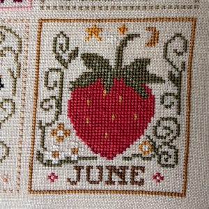 May include: Cross-stitch embroidery featuring a red strawberry with green leaves, surrounded by decorative elements. The word "JUNE" is stitched below the strawberry. The design is framed within a square border, with the word "MARCH" visible above.