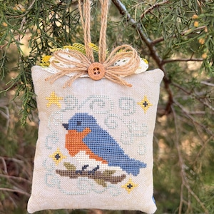 Padrão de Ponto Cruz de Pássaro Azul Oriental Primitivo | Decoração de Pássaro em Estilo Popular (Cópia em Papel)