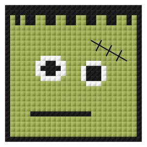 May include: A square pixel art graphic of a green monster face with a flat top, a black horizontal line for a mouth, two white eyes with black pupils, and a black stitched scar on the forehead, all enclosed within a thick black border.