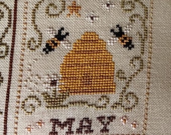 May Cross Stitch Pattern – Spring Flowers, Bee Garden, Folk Art Style (PDF Download)