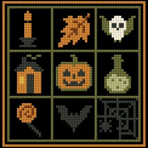 May include: A pixel art grid featuring nine Halloween-themed icons on a black background. The icons include an orange candle, a brown leaf, a white ghost, an orange house, a jack-o'-lantern, a green potion bottle, an orange lollipop, a bat, and a spiderweb.