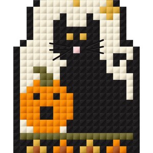 May include: A pixel art design featuring a black cat with yellow eyes and a pink nose, positioned behind a bright orange pumpkin with a green stem. The cat is draped in a white sheet with yellow star accents, set against a black background.
