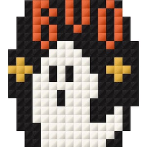 May include: A pixel art design featuring a white ghost centered on a black oval background. The word BOO is written in orange block letters above the ghost, and two yellow four-pointed stars are positioned on the left and right sides of the ghost.
