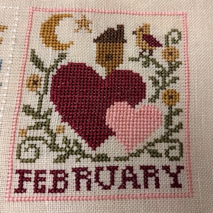 Februari, hjärtan, måne, fågel, alla hjärtans dag, korsstygnsmönster, PDF för omedelbar nedladdning.