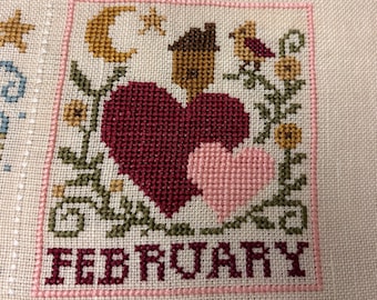 February, Hearts, Moon, Bird, Valentine’s , Cross Stitch pattern, PDF immediate download.