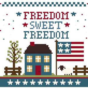 Może przedstawiać: Wzór do haftu krzyżykowego przedstawiający niebieski dom, drzewo, owcę i amerykańską flagę. Tekst brzmi FREEDOM SWEET FREEDOM w kolorze czerwonym i niebieskim. Wzór otoczony jest niebiesko-białą szachownicą z czerwonymi gwiazdami w rogach.