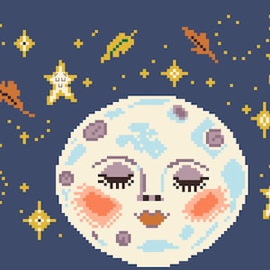 May include: A pixel art illustration on a dark blue background featuring a large, circular moon with a sleeping face, rosy cheeks, and closed eyes. Surrounding the moon are several small, smiling yellow stars and scattered orange autumn leaves.