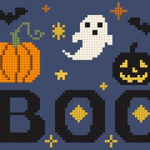 May include: A pixel art design on a dark blue background featuring an orange pumpkin with a green stem, a white ghost, a black jack-o'-lantern, two black bats, and yellow stars. The large black text at the bottom reads BOO with yellow stars.