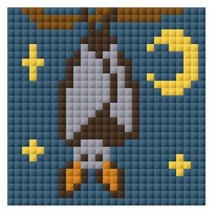 May include: A pixel art illustration of a bat hanging upside down from a brown branch against a dark blue background. The bat is rendered in shades of gray and brown with orange accents. A yellow crescent moon and four yellow stars surround the bat.