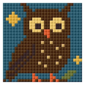 Op de afbeelding: Een pixel art illustratie van een bruine uil met grote gele ogen en een oranje snavel, zittend op een groene tak tegen een blauwe achtergrond. Twee gele vierpuntige sterren bevinden zich in de linker bovenhoek en de rechter onderhoek van de afbeelding.