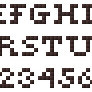 May include: A complete set of dark brown pixelated uppercase letters from A to Z, numbers 0 through 9, and a single red pixelated heart symbol. Each character is constructed from a grid of small squares, creating a distinct digital block aesthetic.
