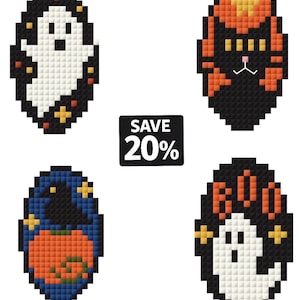 May include: Four oval pixel art designs featuring a white ghost, a black cat with an orange hat, a black crow on an orange pumpkin, and a white ghost with the text BOO. A black rectangular sign in the center displays the white text SAVE 20%.