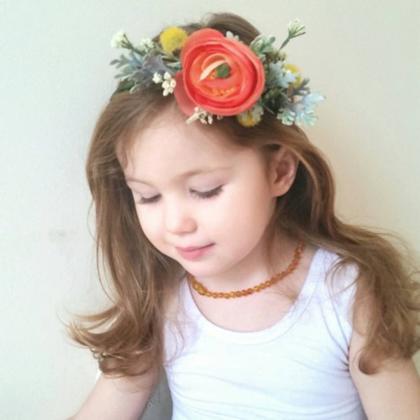 Coral Flower Crown * Peach, Sage, and Yellow Mini Crown * Bridal Flower Headpiece * Bridesmaid and Flower Girl Accessories