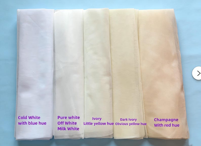 Tulle Swatches, white, off white, ivory, champagne, dark ivory
