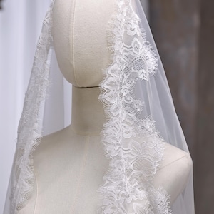 Velo mantilla con borde de encaje, velo de encaje español con pestañas florales, velo catedral festoneado de Chantilly, velo marfil personalizado, velo suave de una capa con peine