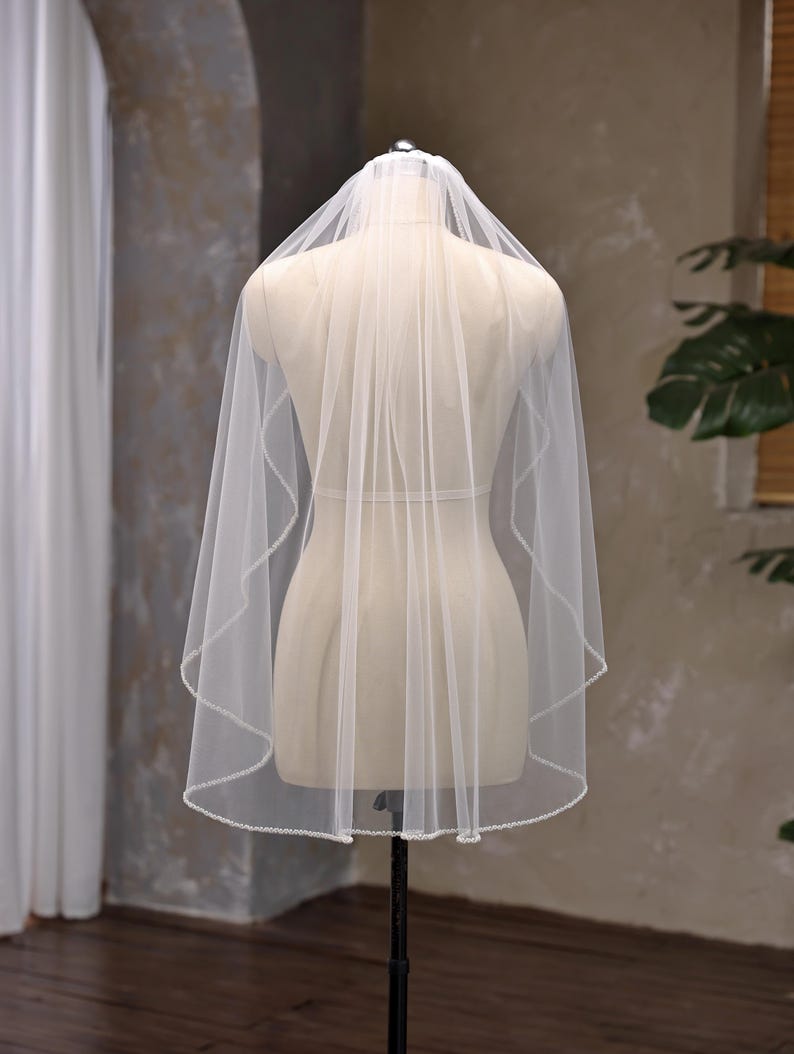 Pearls Edge Bridal Veil, Hand Sewn Bridal Veil, Beaded Trim Fingertip Veil, Custom Ivory Veil, 1 Tier Simple Soft Veil with Comb