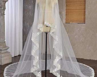 Beaded Lace Edge Veil with Blusher, Full Lace Drop Veil with Comb, Cathedral Veil Face-Covered For Bride, Cascade Wedding Long Floral Veil