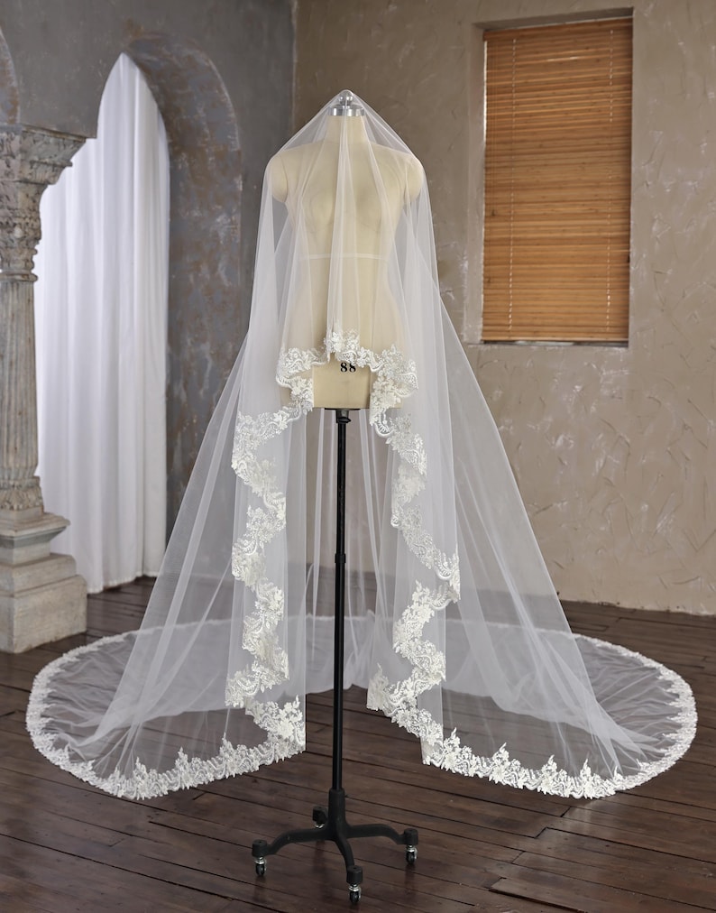 Beaded Lace Edge Veil with Blusher, Full Lace Drop Veil with Comb, Cathedral Veil Face-Covered For Bride, Cascade Wedding Long Floral Veil