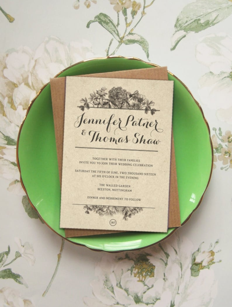 Printable Wedding Invitation  /'Secret Garden/' Invite  Design for Rustic Kraft Card  Digital File Only  Printing Available