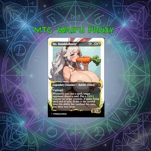 May include: A rectangular trading card titled Ms. Bumbleflower featuring an illustration of a white-haired character with rabbit ears eating a carrot. The card text includes Legendary Creature, Rabbit Citizen, Vigilance, and game mechanics.