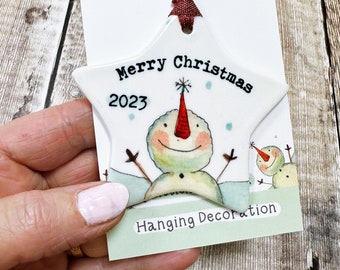 Merry Little Snowman Ceramic Hanging Decoration Christmas