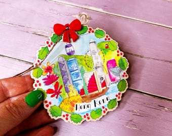 Hong Kong little landmarks Wooden Hanging Decoration Christmas Keepsake Cute Kitsch