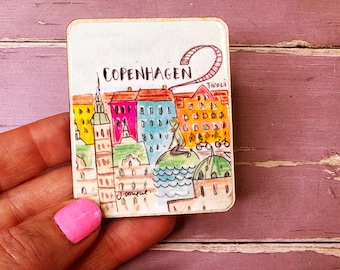Copenhagen Denmark Little City Landmark Cute Wooden Fridge Magnet or Sticker