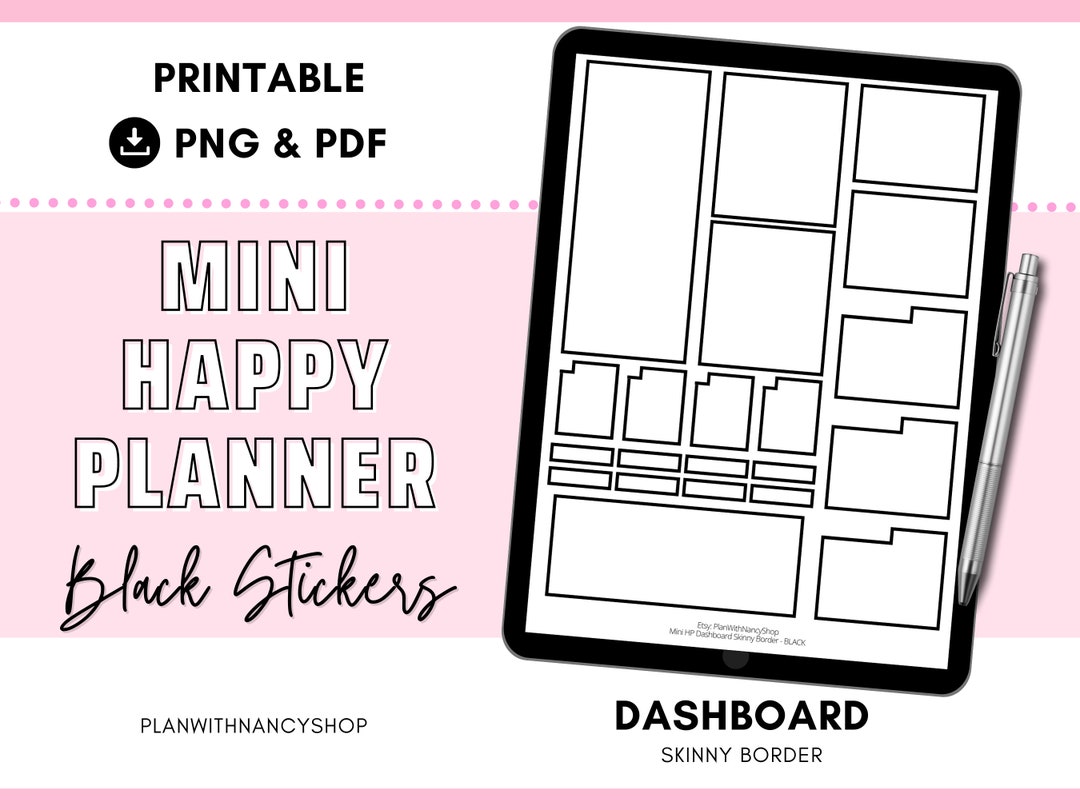 Black Printable Dashboard Planner Sticker Boxes for MINI Happy Planner