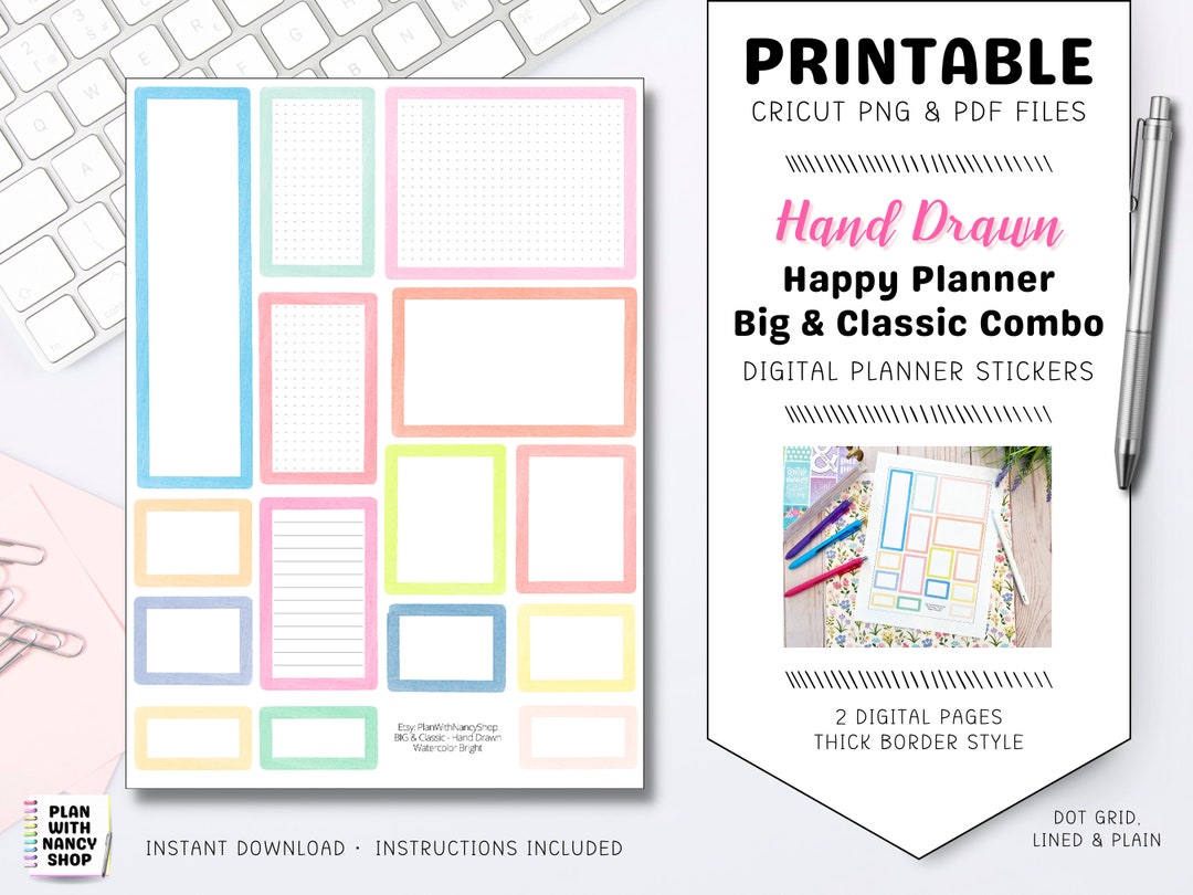 Colorful Watercolor Planner Sticker Boxes Printable Cricut Etsy