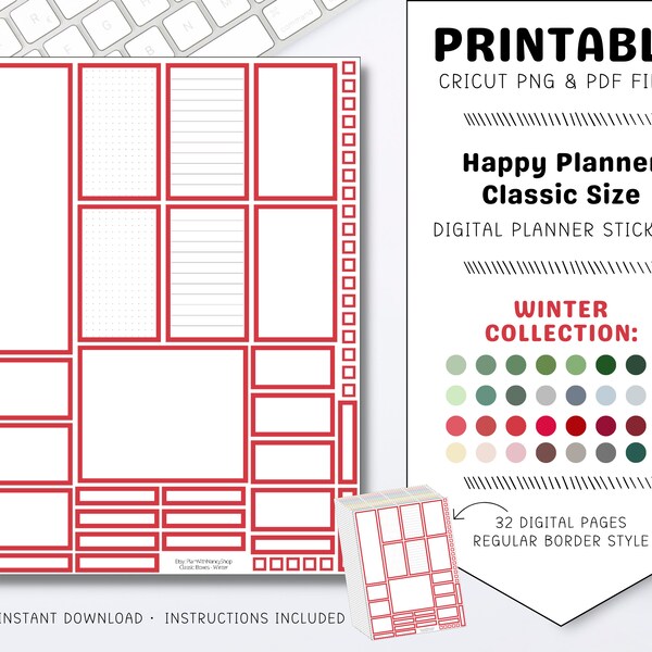 Planner Box Stickers for Classic Happy Planner, Colorful Planner Boxes Winter Holiday Colors, Write on Boxes, Functional Printable Sticker