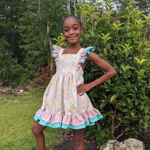 5t-8 Ruffle flutter sleeve dress, gathered jumper, cute pink aqua white tee, spring Easter, boutique, Pinafore style dress, pageant outfit