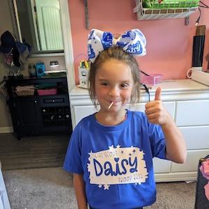 Daisy Girl scouts bow, t-shirt with troop number, blue white bow, 8&quot; large bow with clip, hearts, stars, cute troop gift, adorable accessory