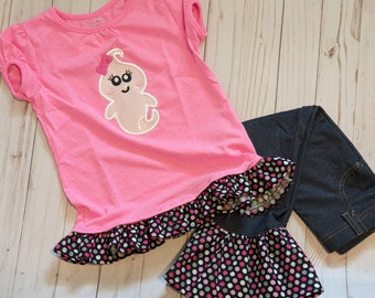 Pink 4t Halloween set, sparkly ghost embroidered shirt, SO CUTE! Black pink gray polka dot, bell bottoms, Halloween party outfit, toddler
