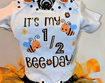 Bee birthday bodysuit, half bee-day t-shirt. second birthday shirt, yellow black bumblebee theme, Girl's baby toddler 1/2 1 2 3 birthday set