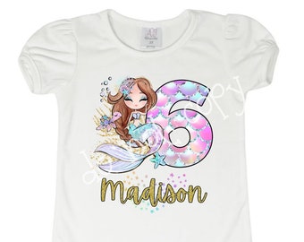 Red head Mermaid birthday shirt personalized short sleeve, under water, rainbow, scales, sea party, pool party, beach theme, cute QUICK SHIP