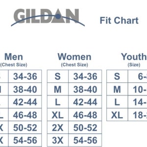 May include: A size chart for men, women, and youth clothing. The chart shows the corresponding chest size in inches for men and women, and the corresponding size for youth clothing. The chart is labeled "GILDAN Fit Chart".